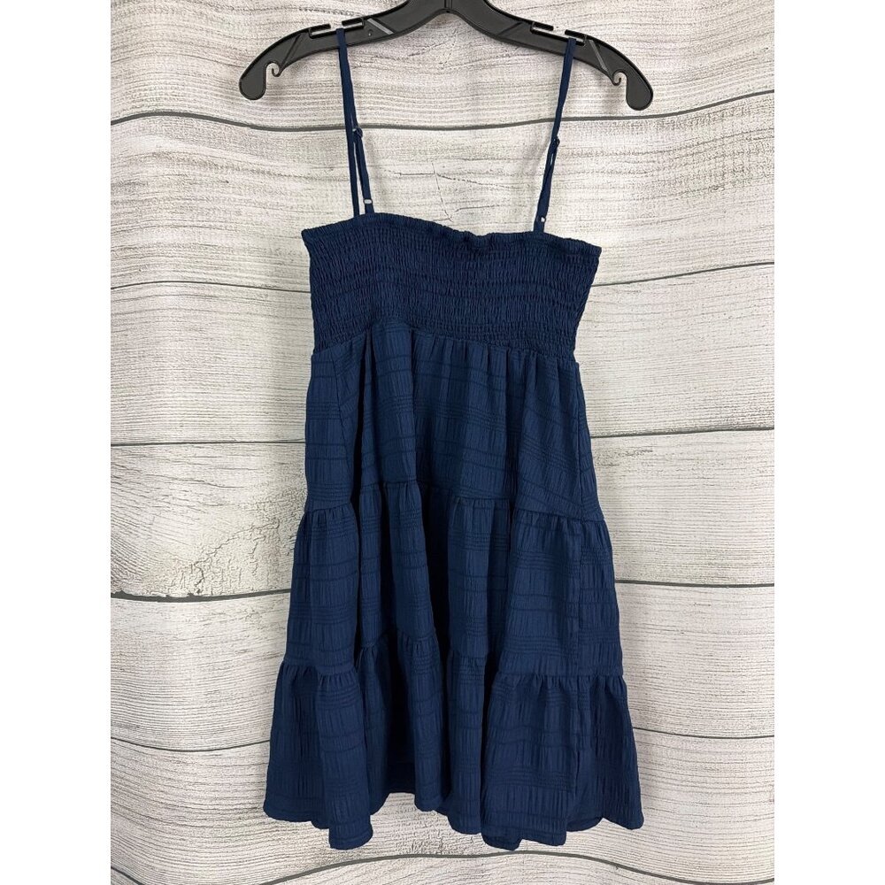 Navy Blue Smocked Tiered Sleeveless Summer Dress Size S - Picture 2 of 3